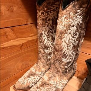 Corral Teal Floral-Print Leather Cowboy Boots